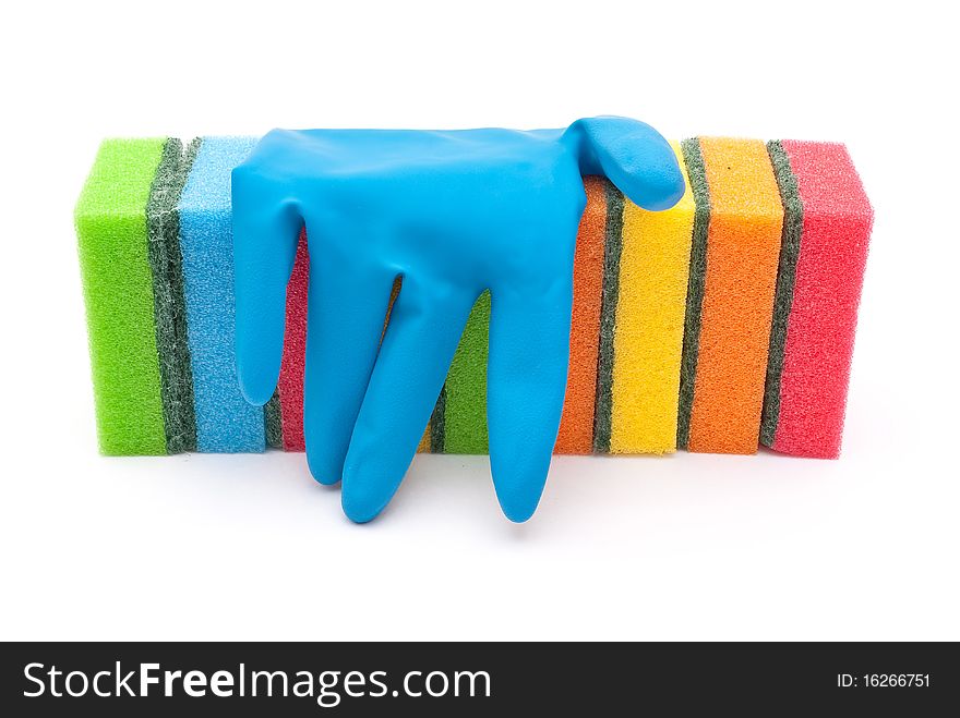 Rubber gloves and kitchen sponges on white