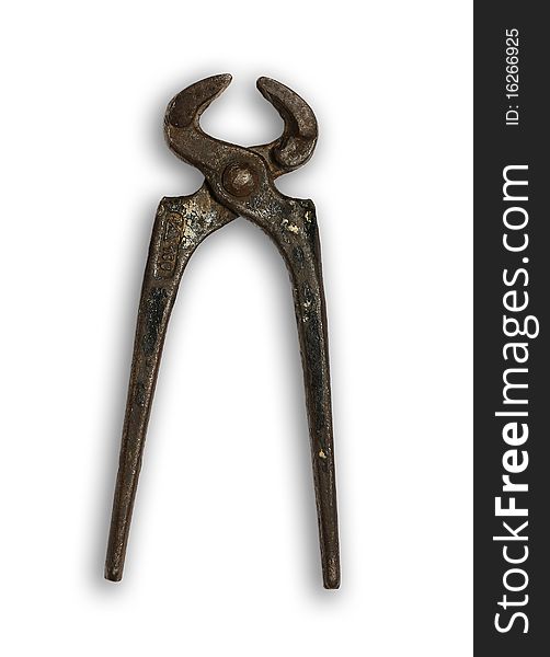 Old rusty wire cutter on white background. Old rusty wire cutter on white background
