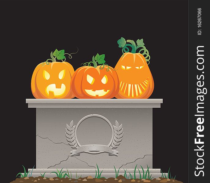 Color  image of Halloween pumpkins on the old tombstone. Color  image of Halloween pumpkins on the old tombstone