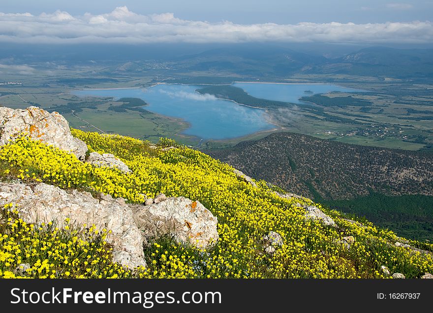 Mountain landscape with view of dramatic sunset