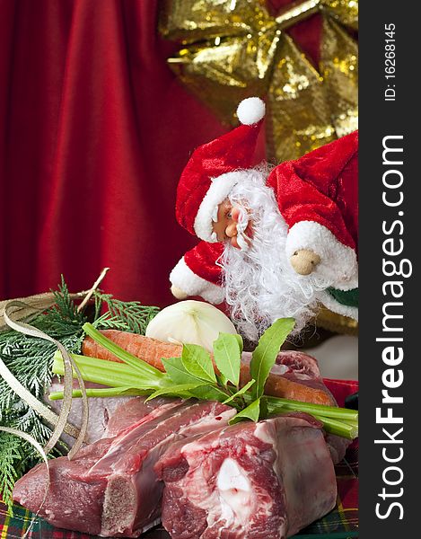 Composition with meat for the Christmas holidays in supermarkets and shops. Composition with meat for the Christmas holidays in supermarkets and shops