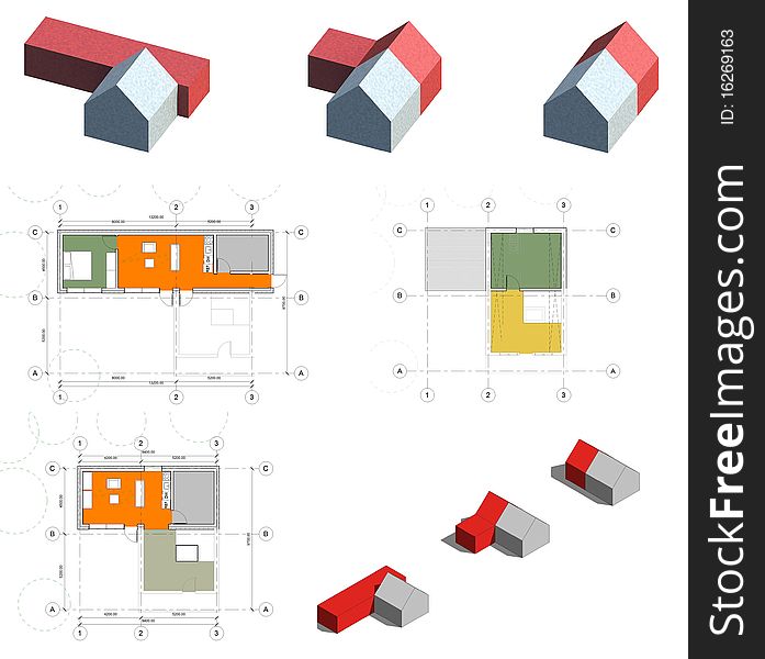 Drawing: 3d, plans and facade of the living house, cottage. Drawing: 3d, plans and facade of the living house, cottage