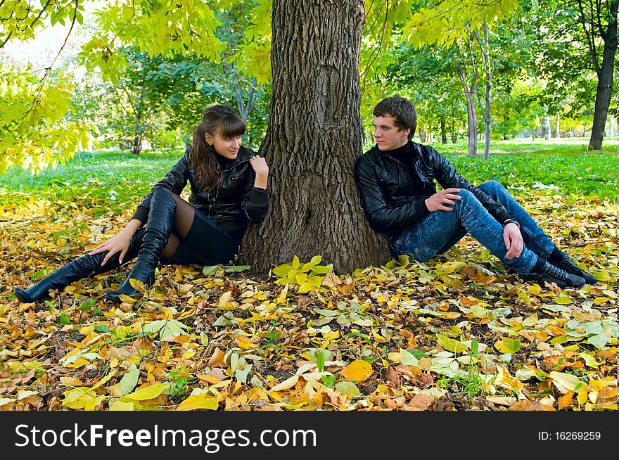 The enamoured sit on leaves in autumn park. The enamoured sit on leaves in autumn park