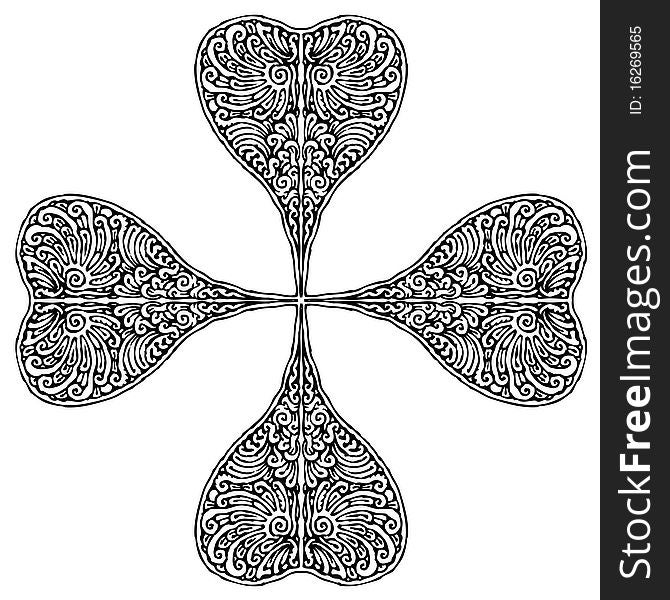 Black and white detailed drawing of four leaf clover. Black and white detailed drawing of four leaf clover