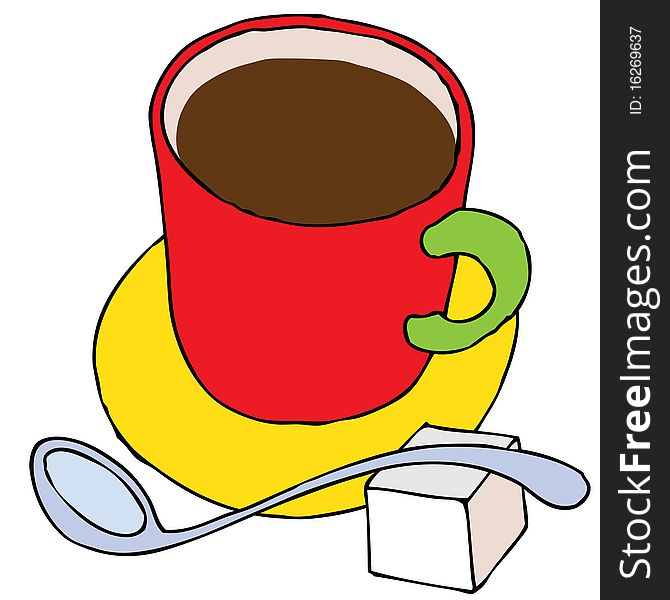 Cup of coffee with plate, sugar, and spoon. Cup of coffee with plate, sugar, and spoon