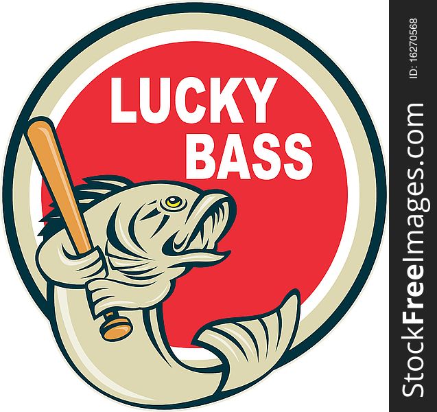 Illustration of a Bass with baseball bat and wording lucky bass inside circle done in retro style