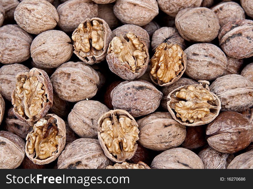 Brown raw walnuts textured background