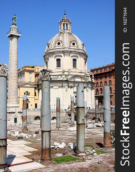 Traian column and Santa Maria di Loreto in Rome, Italy