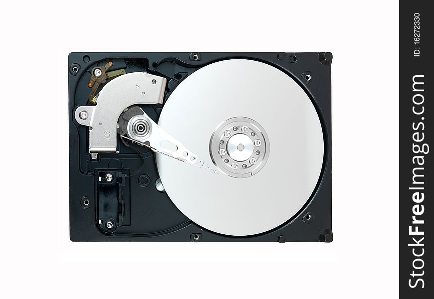 An internal computer hard drive isolated against a white background