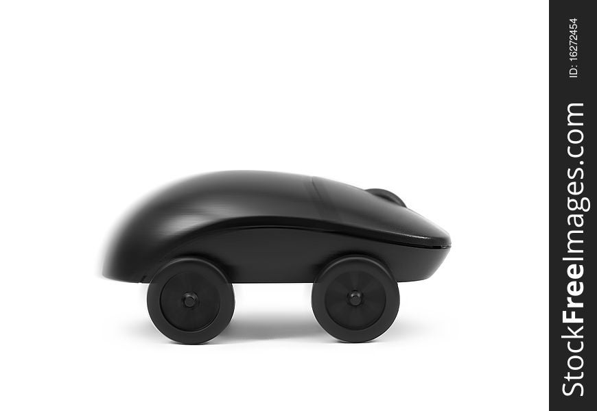 A computer mouse on wheels isolated against a white background