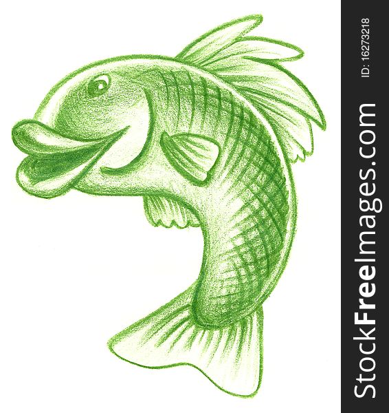 Hand drawn illustration of a green leaping fish. Hand drawn illustration of a green leaping fish