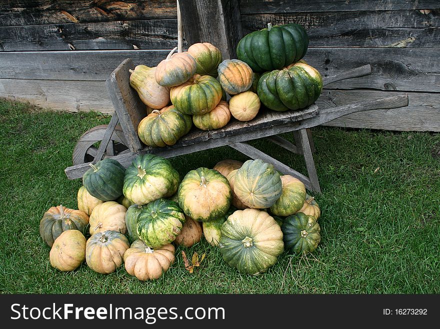 Many green and yellow pumpkins on the cart