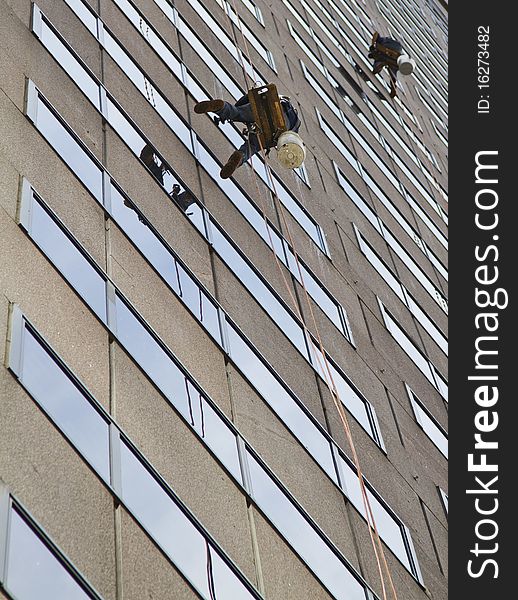 Window washers on a highrise office building.