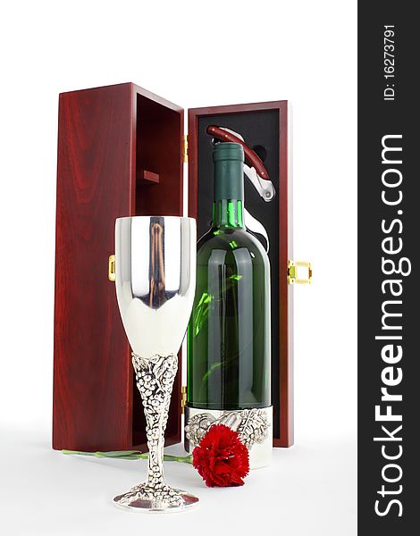 Bottle of white wine and sommelier set