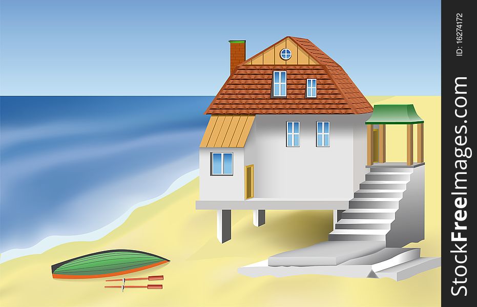 The house on the sea. A boat with oars. illustration.