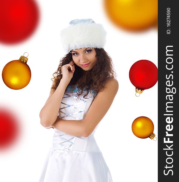 Cute Snow Maiden. Isolated on a spheres background. Cute Snow Maiden. Isolated on a spheres background
