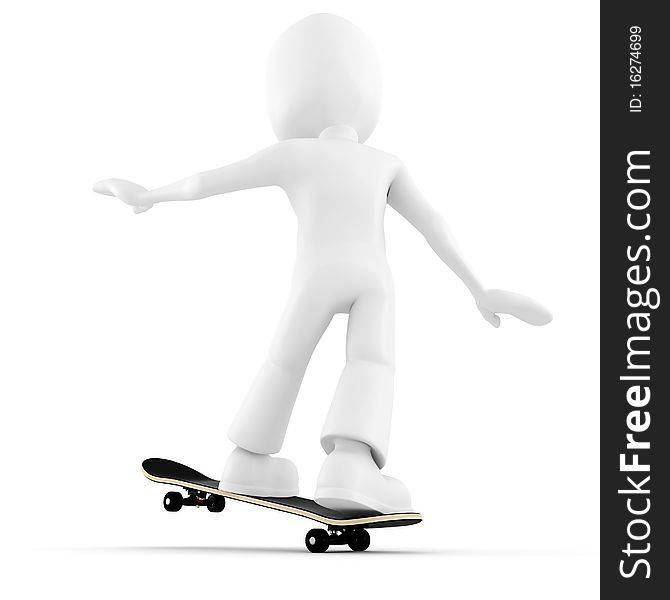 3d man, extreme skateboard isolated on white