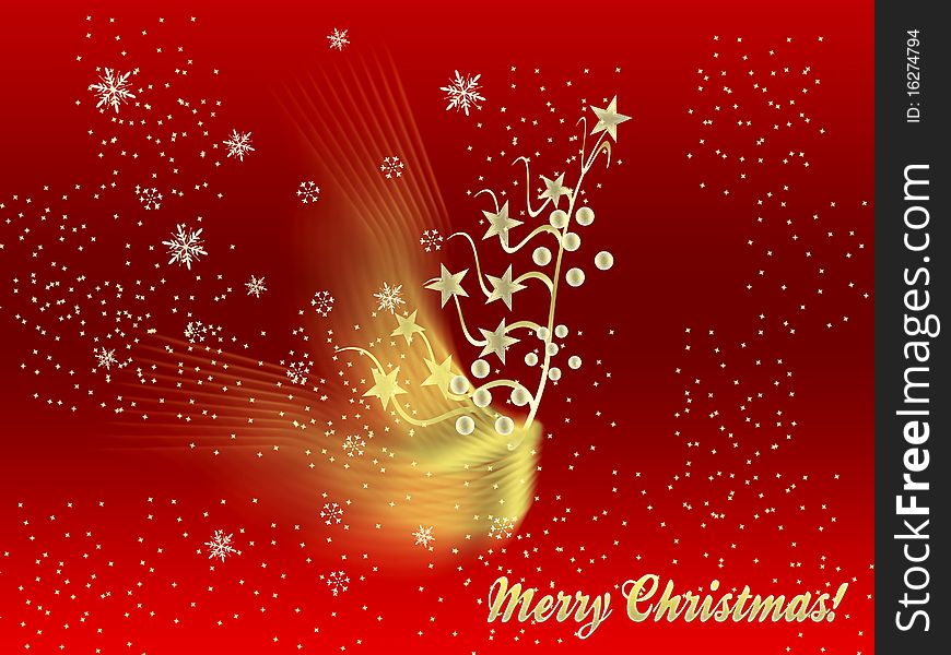 Christmas card with illustration of a golden christmas tree branch with stars as leaves, gradient red background, golden rays and snow flakes