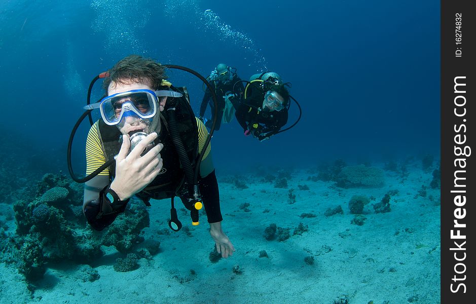 Scuba Divers Dive Together In Ocean