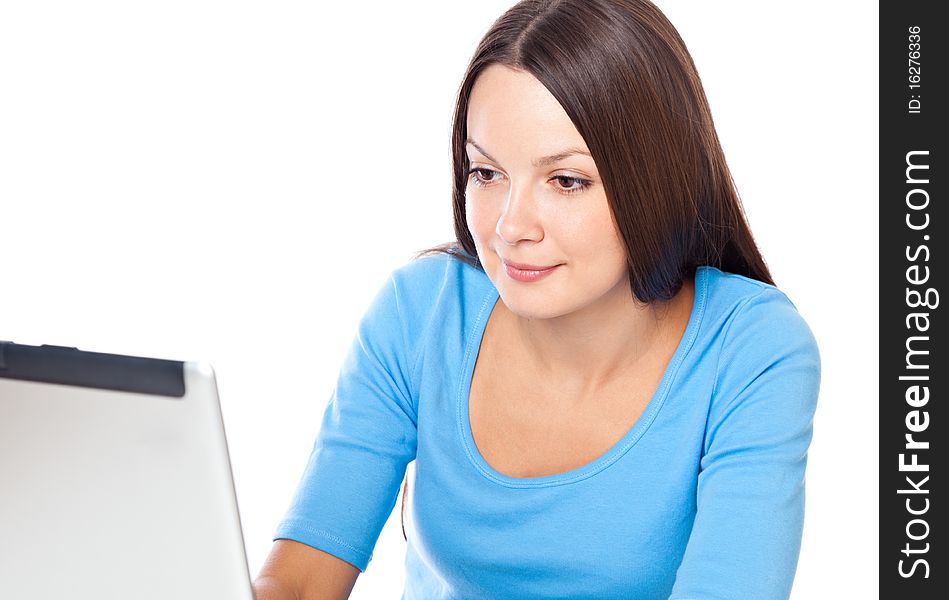 Woman with laptop. Isolated on white background