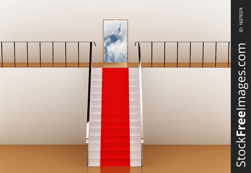 Stairway with red carpet and banister leading to the door in the sky. Stairway with red carpet and banister leading to the door in the sky