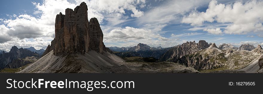 Mountain panorama in foreground and background 3 tre cime lavaredo drei zinnen. Mountain panorama in foreground and background 3 tre cime lavaredo drei zinnen