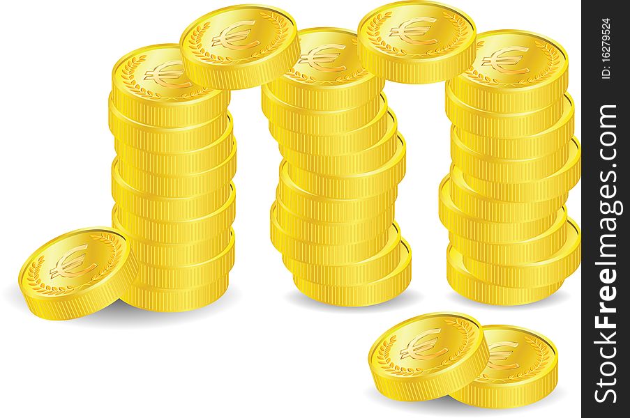 Golden coins with euro sign on white background, illustration. Golden coins with euro sign on white background, illustration