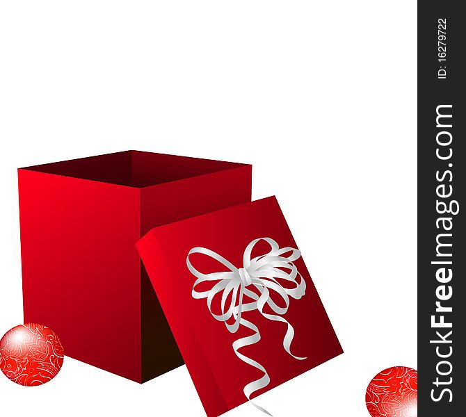 Empty gift box with baubles on white background.