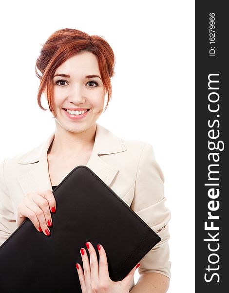 Girl with folder  isolated on white