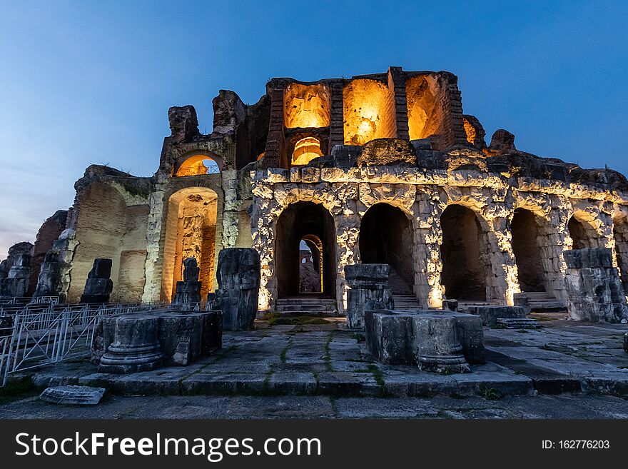 Night View of the Roman amphitheater located in the Ancient Capua, the second biggest roman amphitheater in Italy, Caserta