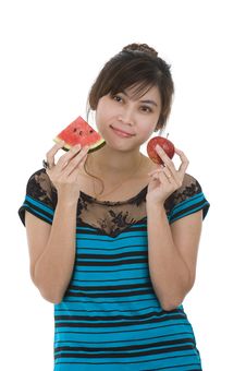 Woman With Water Melon And Apple Stock Images Woman With Water Melon And Apple Stock Images