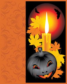 Pumpkin With Candle And Maple Leaves. Halloween Stock Photography