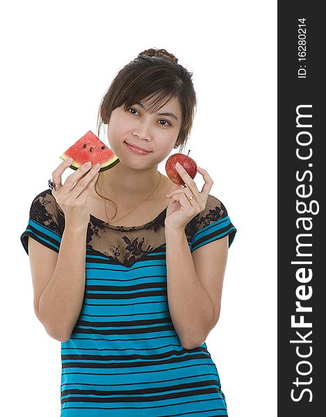 Young asian beauty with water melon and apple, isolated on white background. Young asian beauty with water melon and apple, isolated on white background