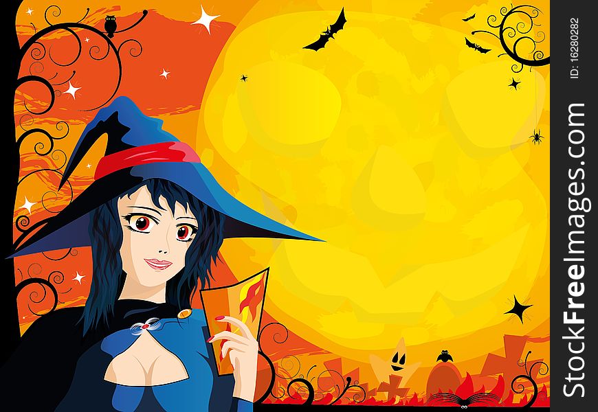 Halloween card with young witch