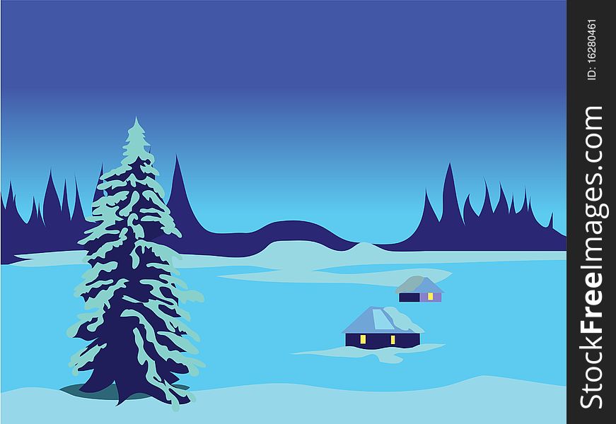 Winter night panorama.  illustration