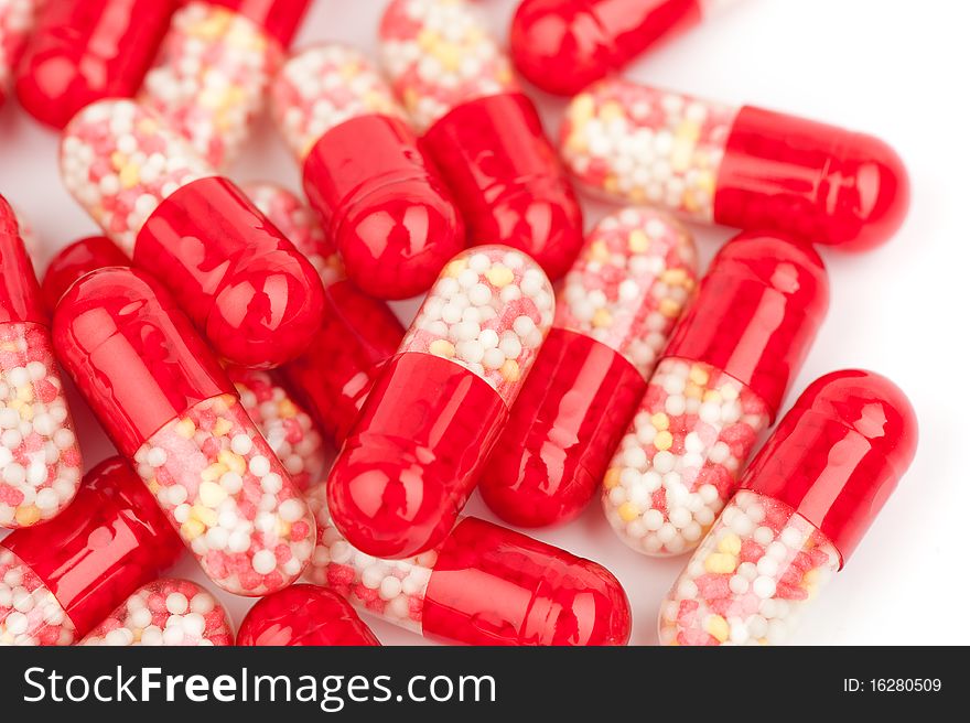 Pills closeup isolated on a white background