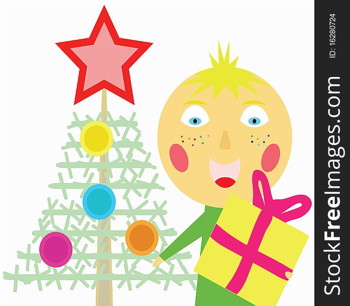 Illustration of the happy boy standing near the new year's tree with the gift in hands