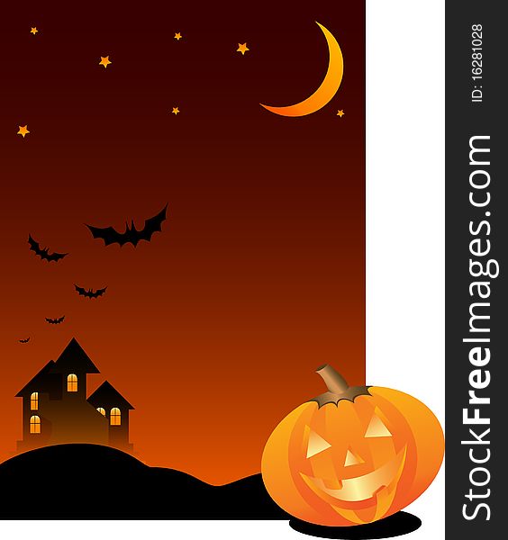 A dark and spooky house sits on top of a small hill. Ideal for card fronts. includes a pumpkin. A dark and spooky house sits on top of a small hill. Ideal for card fronts. includes a pumpkin.