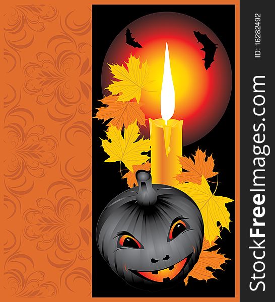 Pumpkin with candle and maple leaves. Halloween