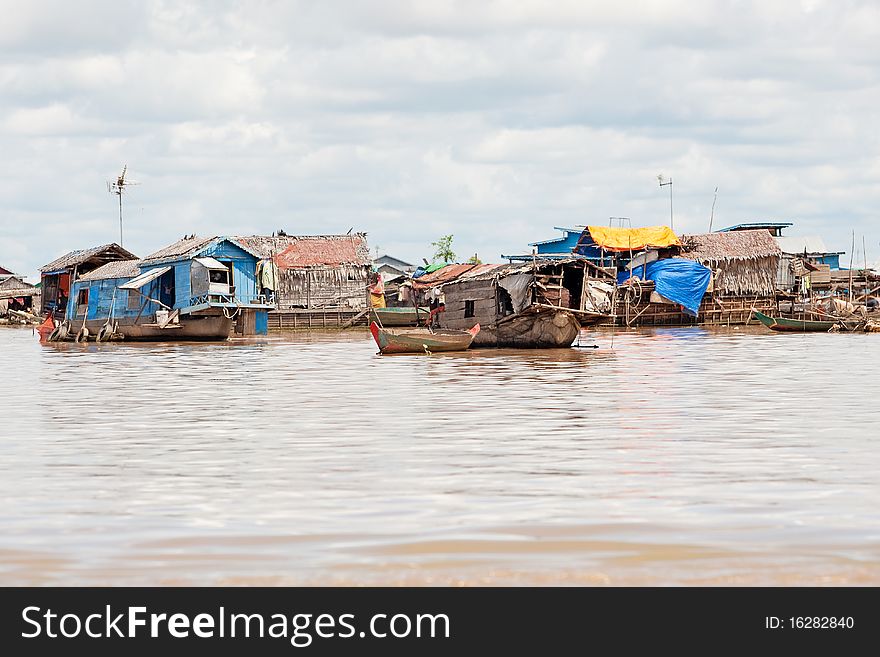 Fishing village on Tonle Sap Lake, people live there in bad condition