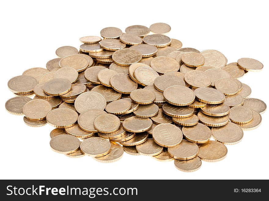 Many 50 cent coins, isolated on white background. Many 50 cent coins, isolated on white background