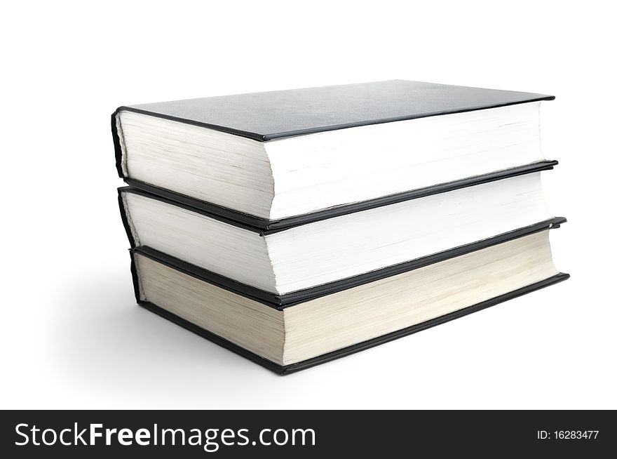 Stack of old black books with white and yellow paper isolated. Stack of old black books with white and yellow paper isolated