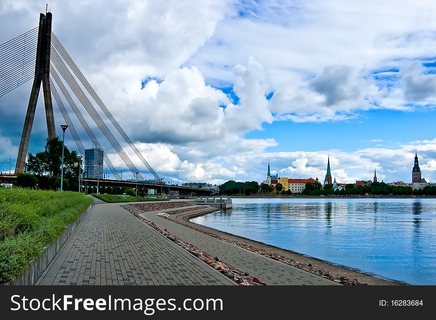 The shot was done from the left bank of the main river of the Latvian republic. The shot was done from the left bank of the main river of the Latvian republic