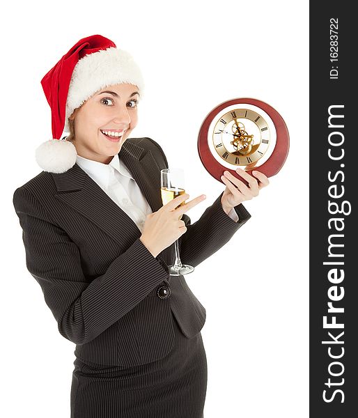 Portrait of business girl in Santa hat and with champagne