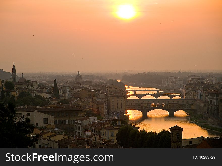 City florence with river arno by sunset