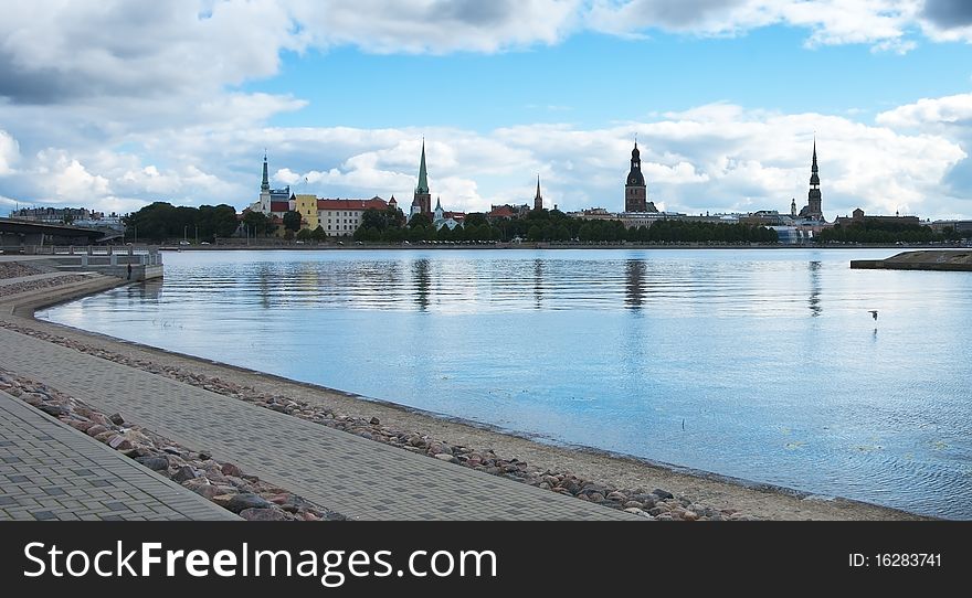 The shot was done from the left bank of the main river of the Latvian republic - Daugava. The shot was done from the left bank of the main river of the Latvian republic - Daugava