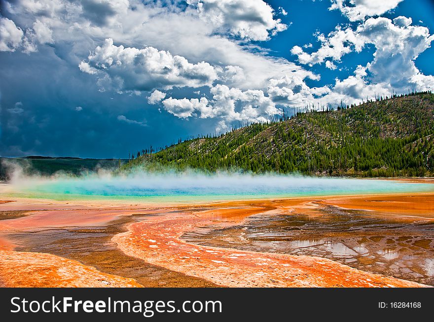 Yellowstone\'s largest and most vivid hot spring. Yellowstone\'s largest and most vivid hot spring