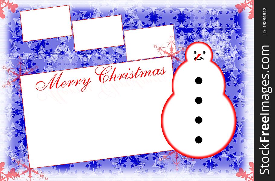 Christmas cards with snow white man and photo frames and red snow flakes