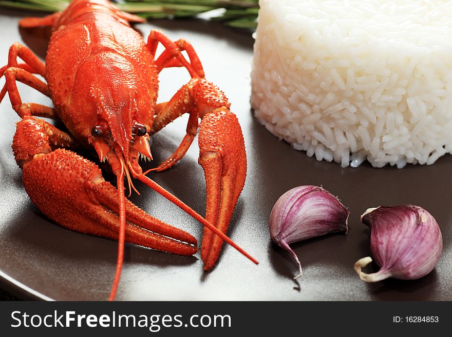 A dish with steamed white rice and boiled crawfish. A dish with steamed white rice and boiled crawfish.