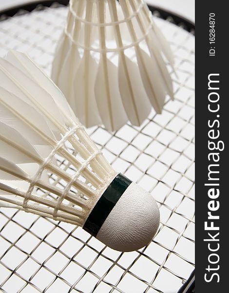 Close-up of badminton shuttlecocks on the racket